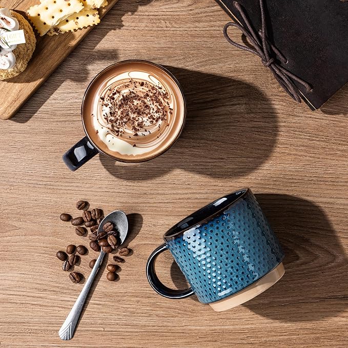 GBhome 12 OZ Stackable Coffee Mugs Set of 4, Ceramic Coffee Cups Set | 4 Assorted Designs, Embossed Mugs with Texture Patterns for Tea/Coffee, Dishwasher&Microwave Safe, Deep Blue - Image 2