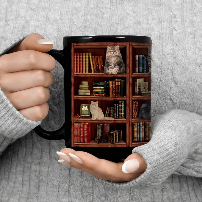 Cat Book Coffee Mug, Library Bookshelf Large Tea Cup, Black, 15oz | Ceramic, Comfortable Handle, Novelty Bookish Gifts for Book Lovers, Cat Lovers, Women, Men, Readers, Writers, Bookworms - Image 6