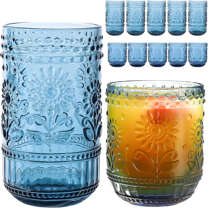 Blue Drinking Glasses Set of 12, 16 Oz Highball & 13 Oz Cocktail Glasses, Blue Kitchen Vintage Glassware Set, Floral Embossed Glass Tumbler Cups for Juice, Beer, Water, Whiskey, Coffee by FERAHI