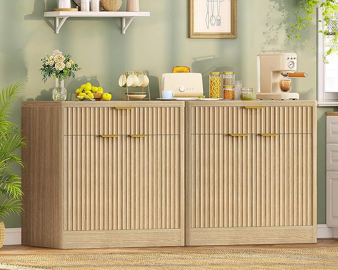 63" Fluted Buffet Sideboard Cabinet with Storage, Buffet Table Coffee Bar Wine Bar Storage Cabinet with Adjustable Shelf for Living Room, Kitchen, Natural by TEENFON