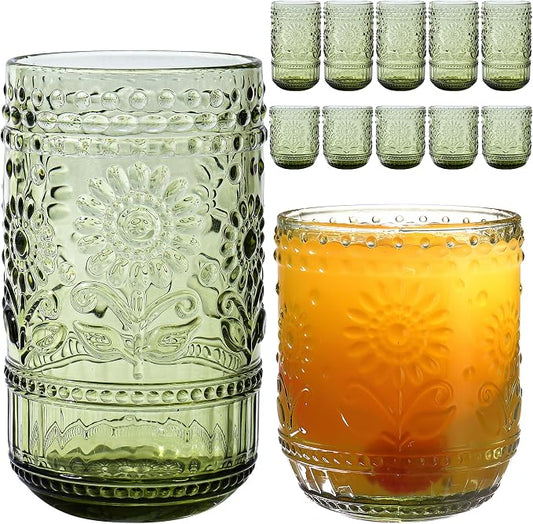 Green Drinking Glasses Set of 12, 16 Oz Highball & 13 Oz Cocktail Glasses, Green Kitchen Vintage Glassware Set, Floral Embossed Glass Tumbler Cups for Coffee, Beer, Water, Whiskey, Juice by FERAHI