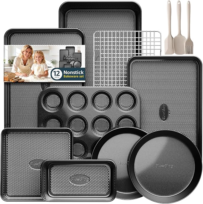 12-Piece Nonstick Bakeware Set, Stackable Non Toxic Baking Pans Set - Black | Oven Safe Bakeware Set with Rack & Kitchen Utensils, Cookie Sheets Set, Cake Pan, Muffin Pan, Loaf Pan, Roasting Pan by SlowSLog