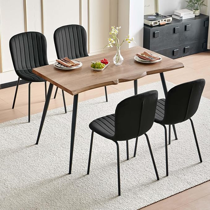 Rectangle Dining Table Set for 4 with Black Velvet Chairs | 5-Piece Mid-Century Modern Set, Irregular MDF Table, Wood Grain, Space-Saving for Small Spaces, Dining Rooms, Easy Assembly - Image 7