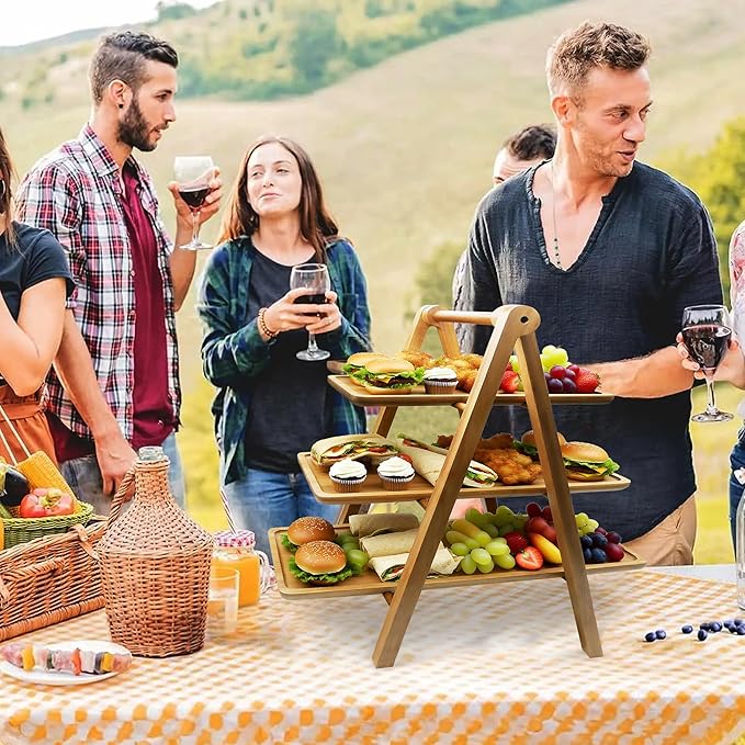 Acacia Wood 3 Tier Tray Wooden Serving Tray - Three Tiered Serving Stand with Collapsible Wood Rack, for Charcuterie Boards/Desserts, Foldable for Easy Storage, Party Wedding Kitchen Decor