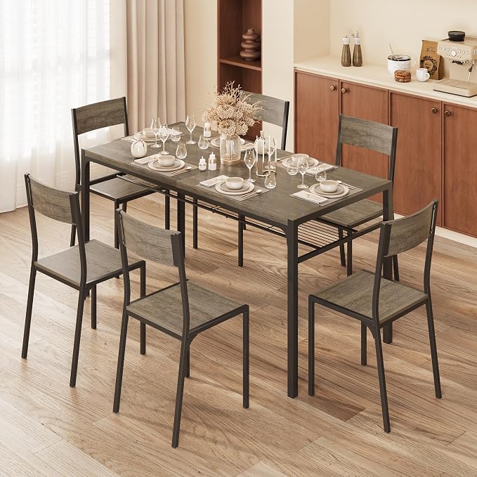 Gizoon 7-Piece Dining Table Set for 6, Kitchen Table with Chairs Grey | Spacious grey 6-person dining set with under-table storage rack. Ergonomic chairs slide under table to maximize space. - Image 3