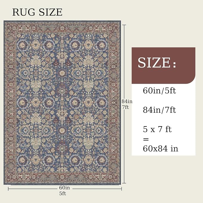 5x7 Area Rug, Machine Washable Living Room Rug - Non-Slip Low Pile Accent Rug for Bedroom, Pet Friendly, Modern Vintage Geometric Design - Image 2