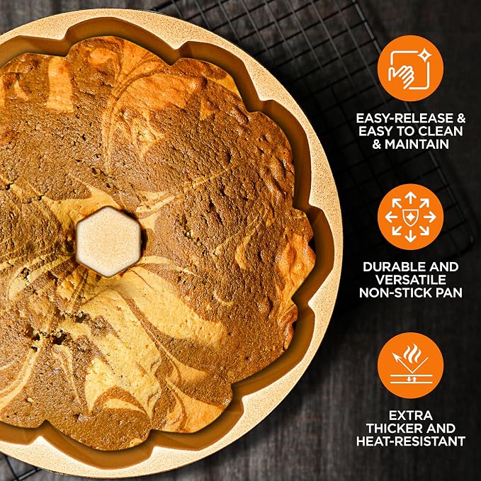 NutriChef 9-Inch Cake Pan - Heavy Die Cast Aluminum Cake Baking Mold with 2 Layers of Professional Nonstick Coating - Fluted Flow Design for Uniform Baking & Browning, Dishwasher Safe - Gold - Image 5