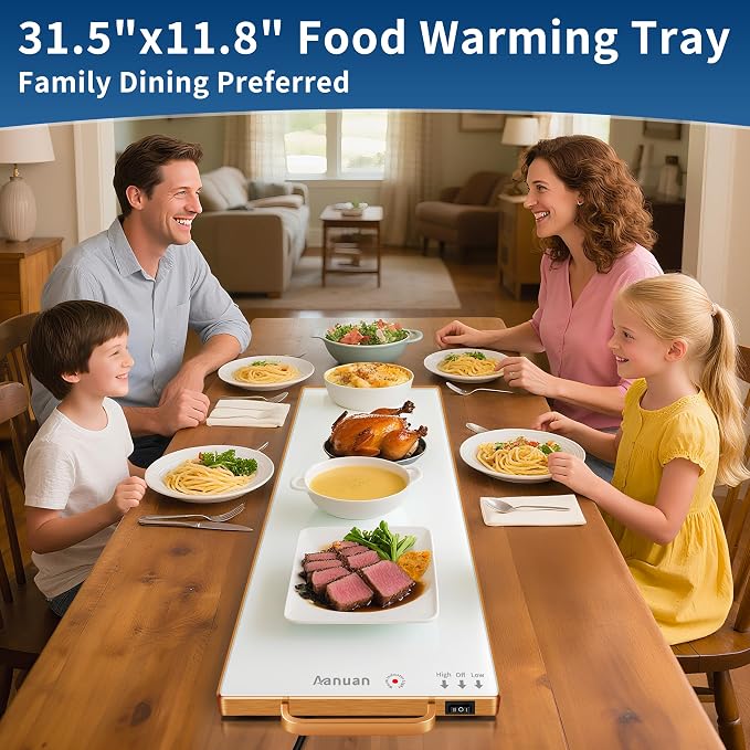 Warming Trays for Buffets Party,31.5"x11.8",Tempered Glass Warmer Mat,White | Keep Food Warm, Gold Handles Food Warming Mat for Daily Use, With Thermostat, Button Temperature Control, Full Surface Warm - Image 2