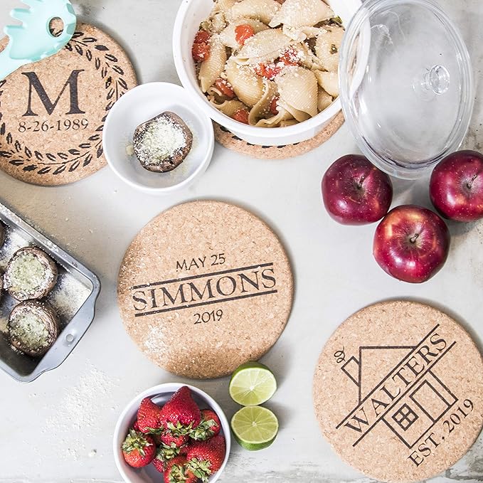 Custom Catch Personalized Cork Trivet Gift - (2) 7" Hot Pads - Customizable Housewarming Trivets for Hot Dishes, Pots, Pans, Baking Sheets, Hot Plates for Table, Countertop, Kitchen