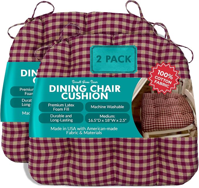 Barnett Home Decor Dining Chair Cushions with Ties, 16.5 x 18 Inches, Pack of 2 – Machine Washable, Made with 100% Cotton and Plush Latex Foam Fill, Made in USA – Farmhouse Check Dark Red by BarnettHomeDecor
