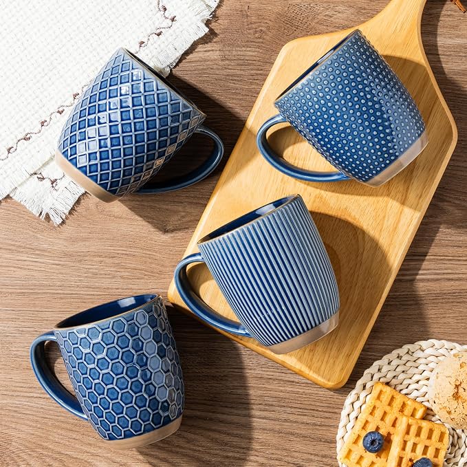 GBhome Large Coffee Mugs Set of 4, 16oz Handmade Embossed Coffee Mugs Set with Large Handle for Cappuccino/Latte/Tea/Hot Cocoa, Dishwasher & Microwave Safe, Blue - Image 7