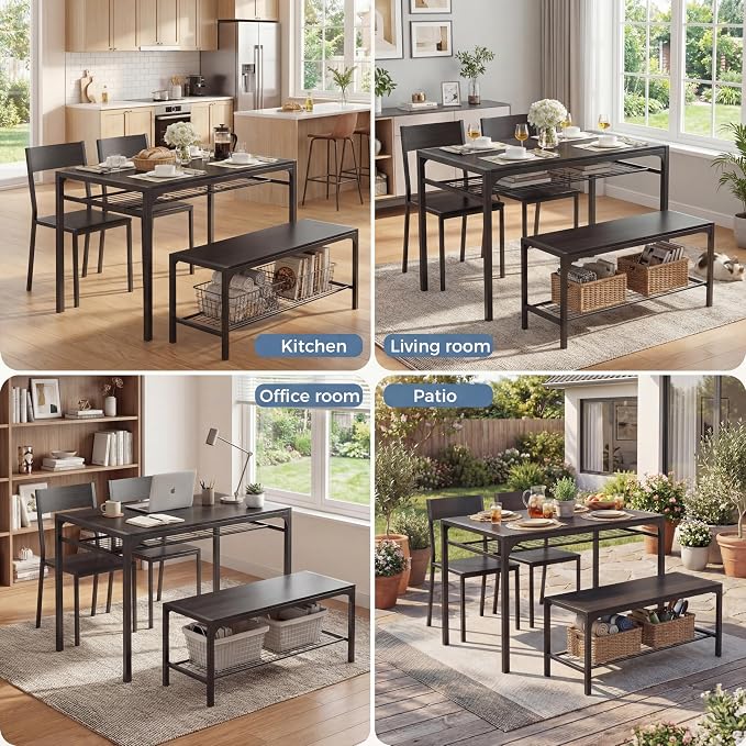 Gizoon 4-Piece Dining Table Set for 4, Kitchen Table with Bench Black | Space-saving black 4-piece dinette set with metal storage rack. Includes 2 ergonomic chairs and 1 bench. Easy to clean. - Image 5
