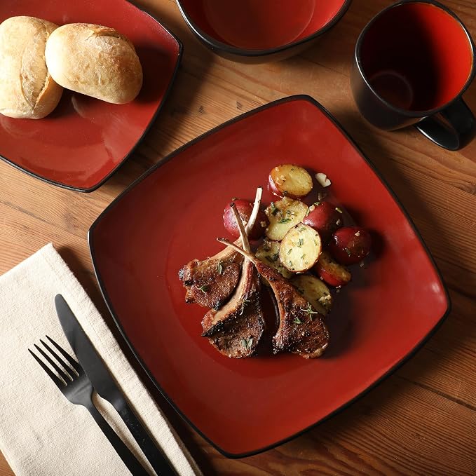 Gibson Elite Soho Lounge Square 16-Piece Dinnerware Set, Service for 4, Reactive Glaze Stoneware Plates and Bowls, Modern Dishes, Microwave & Dishwasher Safe – Red and Black - Image 7