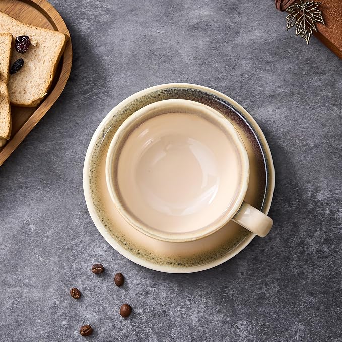 Coffeezone Vintage Design 12 oz Ceramic Latte Art Cappuccino Barista Cup with Saucer (Brown) - Image 4