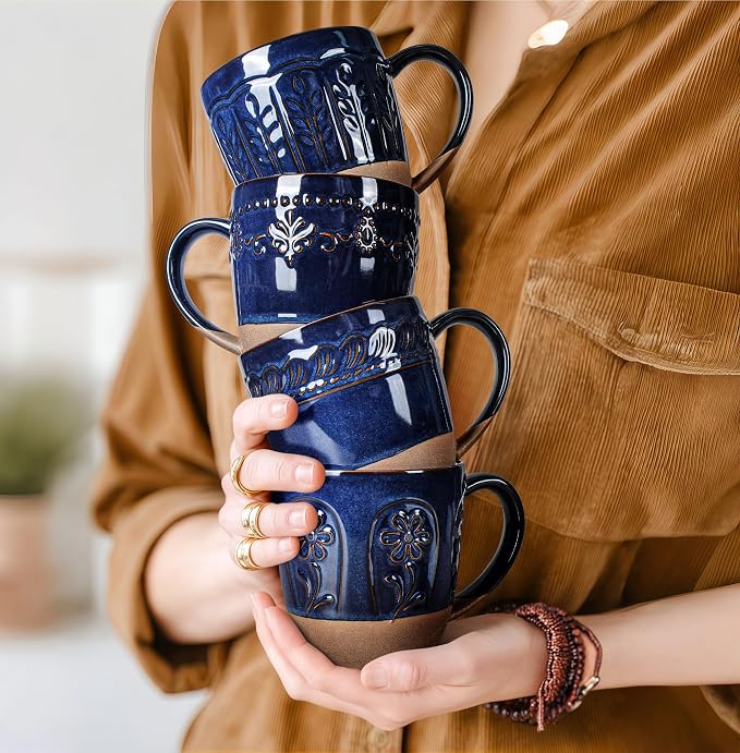 Artena Ceramic Coffee Mugs Set of 4, 16oz Embossed Large Latte Mugs Coffee Cups with Handle for Tea, Latte, Cappuccino & Cocoa, Milk Dishwasher & Microwave Safe, Blue (Willow Leaf) - Image 8