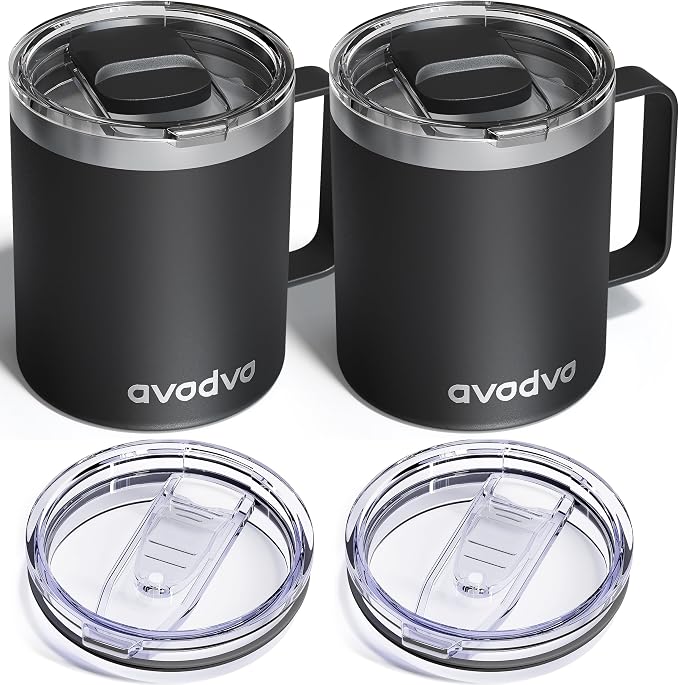 2 Pack 12oz Insulated Coffee Mug with Lids – Double Wall Stainless Steel Travel Cups with Handle, Keep Hot & Cold Drinks, Ideal Gift for Coffee Lovers, Home, Office & Camping, Black by avodvo