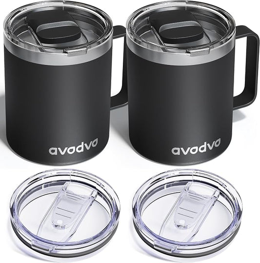 2 Pack 12oz Insulated Coffee Mug with Lids – Double Wall Stainless Steel Travel Cups with Handle, Keep Hot & Cold Drinks, Ideal Gift for Coffee Lovers, Home, Office & Camping, Black by avodvo