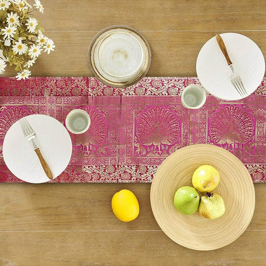 Indian Handmade Table Runner with Golden Peacock Design – Silk Brocade Fabric – 60 x 16 Inches – Elegant Decorative Table Linen for Dining Table, Console, Pooja Mandir by Unknown