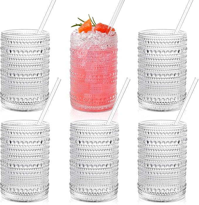 KMIGRUAN Hobnail Drinking Glasses with Straws 15oz Vintage Glassware Set of 6 Embossed Vintage Water Cups, Highball Glasses for Cocktail,Whiskey,Beer and Juic by KMIGRUAN