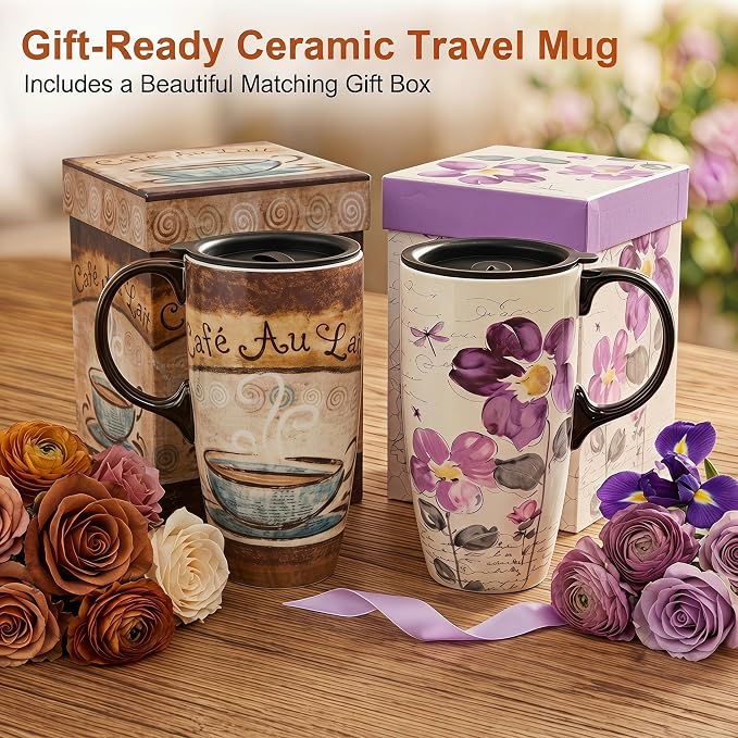 Topadorn Set of 2 Ceramic Travel Mugs with Lids, 17oz Coffee Mug Set | Vintage Café & Floral Artwork • 17oz Capacity • Comfortable Handles • Microwave & Dishwasher Safe • Gift Box Included - Image 8