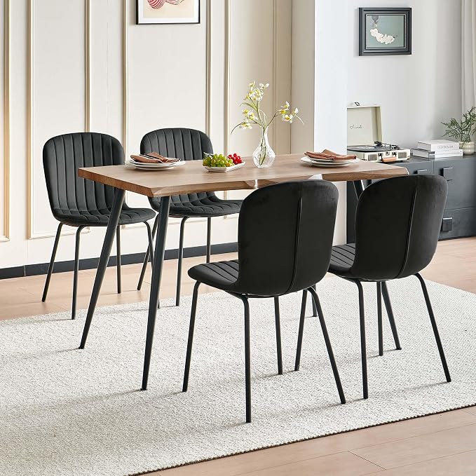 Rectangle Dining Table Set for 4 with Black Velvet Chairs | 5-Piece Mid-Century Modern Set, Irregular MDF Table, Wood Grain, Space-Saving for Small Spaces, Dining Rooms, Easy Assembly - Image 8