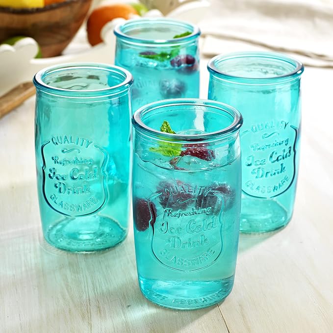 Glaver's Highball Glasses Set of 4 – 20oz Artistic Ice-Cold Pretty Blue – Vintage Glassware with Embossed Logo – Beverage Drinking Glasses for Water, Juice, Cocktails. Hand Wash. - Image 2