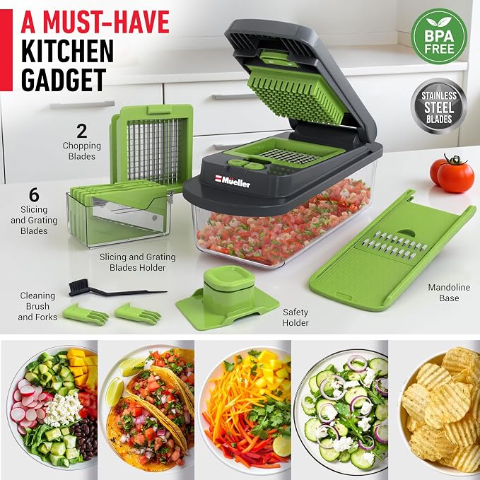 MUELLER HOME Pro-Series 10-in-1 Vegetable Chopper with Container, 8 Blade | Fruit Cutter, Dicer, Tomato Slicer, French Fry Cutter Potato Slicer, Salad Chopper, Gray/Green - Image 7