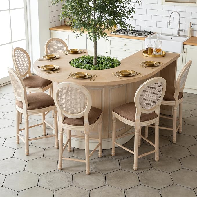 French Country Barstool, Linen Farmhouse Counter Height Chair | Set of 6, with Rattan Round Back and Solid Wood Legs, Oval Chairs for Restaurant, Bar, Kitchen, Café, Brown - Image 2