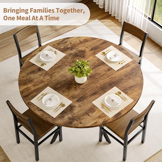MECHYIN Round Dining Table for 2-4, 42 Inch Wood Kitchen & Dining Room Tables with Storage, Circle Dinner Table with Metal Legs, Space Saving Small Table for Dining Room, Kitchen, Rustic Brown - Image 4