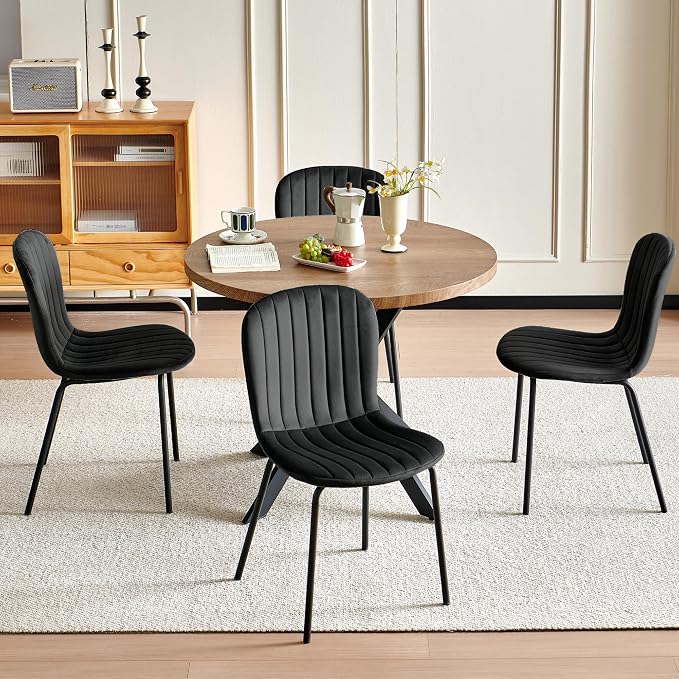 37 Inch Round Dining Table Set for 4, Modern Small Circle Kitchen Coffee Set for Apartment Living Room Office, Save Space(1 Imitation Wooden Table + 4 Black Velvet Chairs) - Image 7