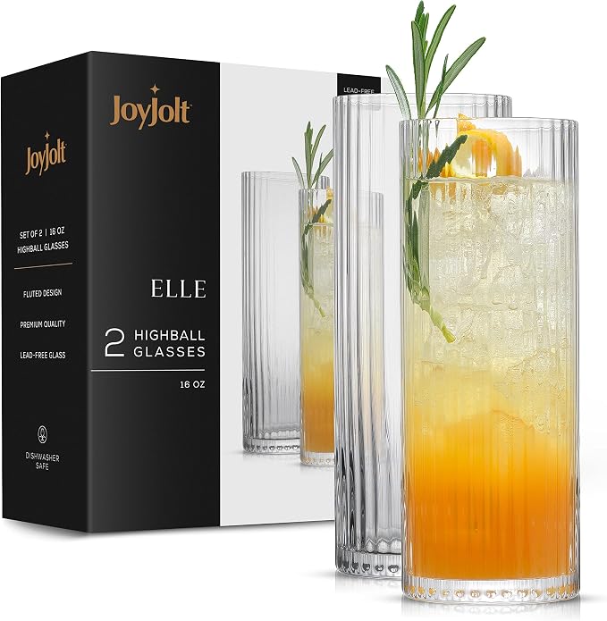 JoyJolt Elle 16oz Fluted Highball Glasses Set of 2, Ribbed Tall Cocktail Tumblers for Gin Juice Water, Vintage Style Drinking Glasses - Image 8