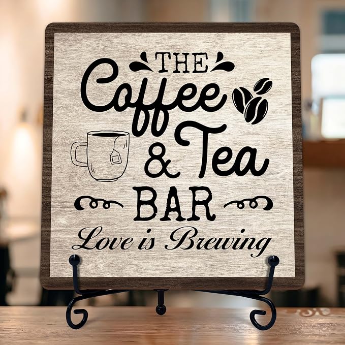 Coffee Bar Sign, Love is Brewing Farmhouse Tabletop Decor, Coffee and Tea Lover Gifts, 5x5 Wood Plaque with Iron Stand for Home Kitchen Cafe, Coffee Bar Decor – L10 by TIRYWT