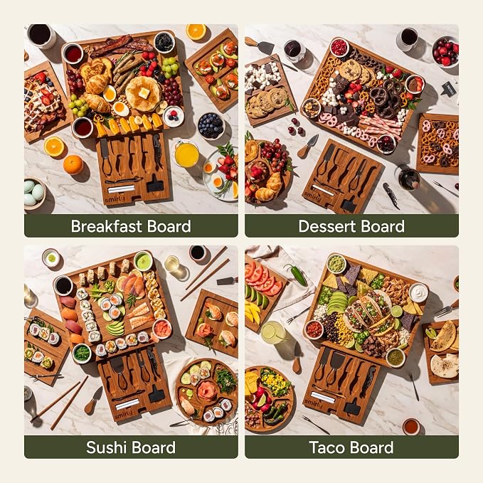 SMIRLY Charcuterie Boards Set, Large Cheese Board Set, Carbonized Bamboo | House Warming Gift, Wedding Gift for Couple, Bridal Shower Gift, Cheese Board Gift Set, Detachable Drawer Design, 3-Drawer - Image 5