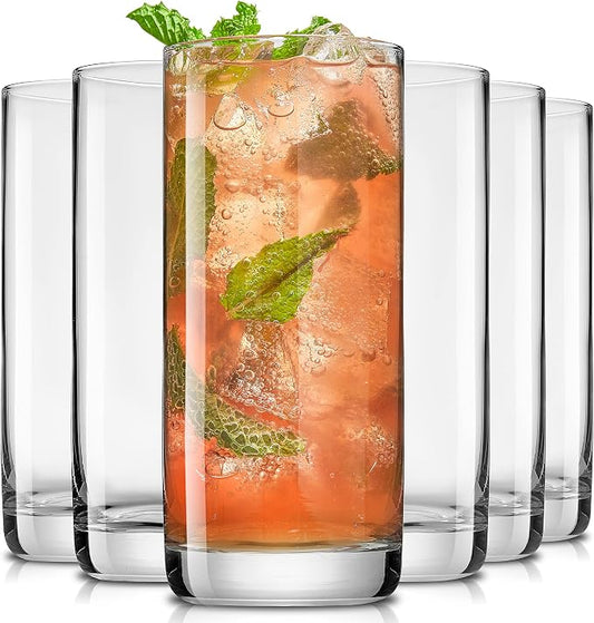 JoyJolt Faye 13oz Highball Glasses, 6pc Tall Glass Sets. Lead-Free Crystal Drinking Glasses. Water Glasses, Mojito Glass Cups, Tom Collins Bar Glassware, and Mixed Drink Cocktail Glass Set by JoyJolt