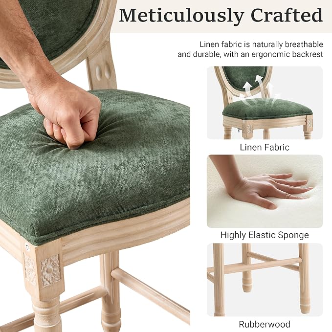 French Country Barstool, Linen Farmhouse Counter Height Chair | Set of 4, with Cushion Round Back and Solid Wood Legs, Oval Chairs for Restaurant, Bar, Kitchen, Café, Green - Image 5