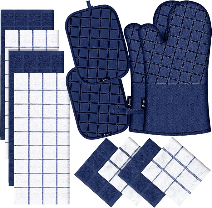 Oven Mitts Pot Holders Sets/Kitchen Towels and Dishcloths, Oven Gloves Kitchen Dish Towels 500 Degree Heat Resistant Potholders with Non-Slip Silicone Surface for Cooking, Grilling, Baking-Marine Blue by BSKSSK