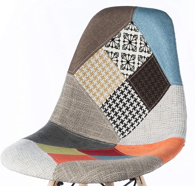 Mid-Century Modern Upholstered Plastic Multicolor Fabric Patchwork DSW Shell Dining Chair with Wooden Dowel Eiffel Legs - Image 8