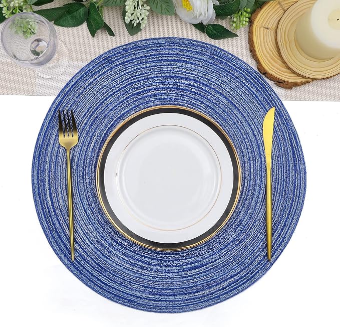 SHACOS Round Braided Placemats Set of 8 Round Table Mats for Dining Tables Washable Fabric Kitchen Table Place Mats (Blue White, 8) - Image 7
