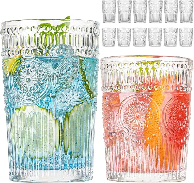 Vintage Drinking Glasses Set of 12, Textured Clear Striped Glass Cups-6 Highball Glasses 13oz & 6 Rocks Glasses 10oz, Ribbed Glassware Set, Mojito Cups, Cocktail Glass, Iced Coffee Cup by wookgreat