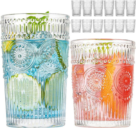 Vintage Drinking Glasses Set of 12, Textured Clear Striped Glass Cups-6 Highball Glasses 13oz & 6 Rocks Glasses 10oz, Ribbed Glassware Set, Mojito Cups, Cocktail Glass, Iced Coffee Cup by wookgreat