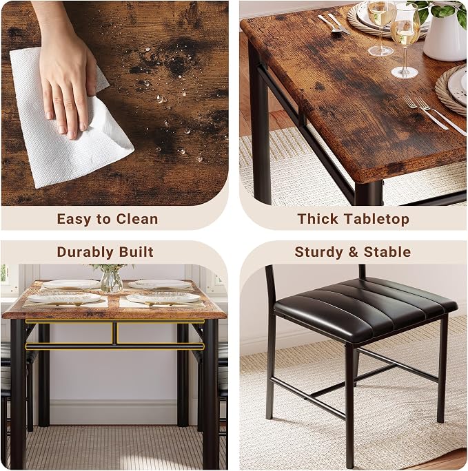 IRONCK Dining Table Set for 4, Rustic Brown | Wood Kitchen Table with Upholstered Chairs for Kitchen Room and Small Spaces - Image 6