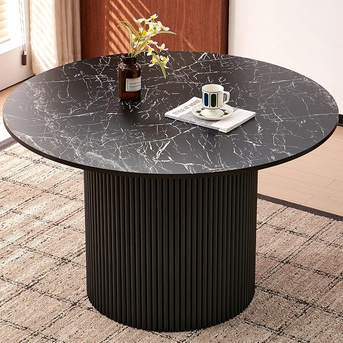 5 Piece Round Dining Table Set for 4, Mid Century Modern Faux Marble Kitchen Table and Chairs, Space-Saving Small Dinette Set (47 Inch Black Table+4 Brown Chairs) - Image 6
