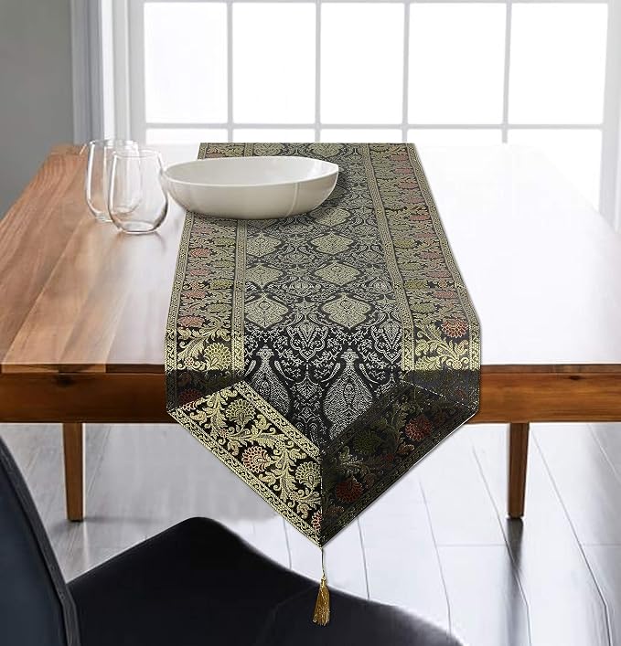 Black Silk Table Runner 72 x 14 Inch | Decorative Dining Table Runner with Tassels | Traditional Woven Table Linen for Dining Room, Coffee Table, Console Table & Home Décor - Image 2
