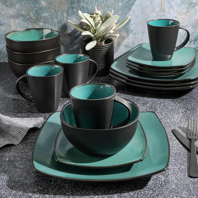 Gibson Elite Soho Lounge 16-Piece Reactive Glaze Dinnerware Set – Teal and Black Tutone Stoneware Plates and Bowls - Image 4