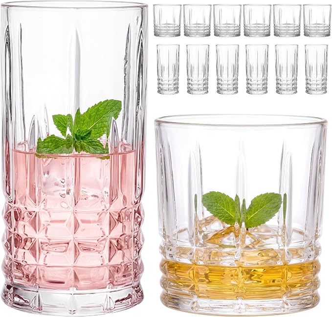 Moretoes Drinking Glasses Set of 12,Mixed Drink Cocktail Glass | 6 Highball Glasses 12 Oz,6 Rocks Glasses 10 Oz Vintage Glassware Sets for Whiskey, Cocktails, Water & Juice by Moretoes