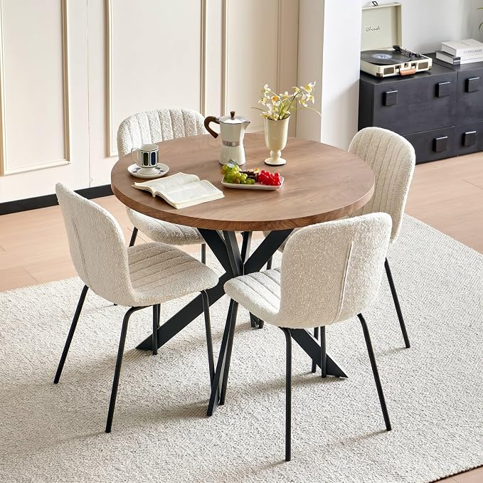 37 Inch Round Dining Table Set for 4, Modern Small Circle Kitchen Coffee Set for Apartment Living Room Office, Save Space(1 Imitation Wooden Table + 4 White Boucle Chairs) by SQPFTW