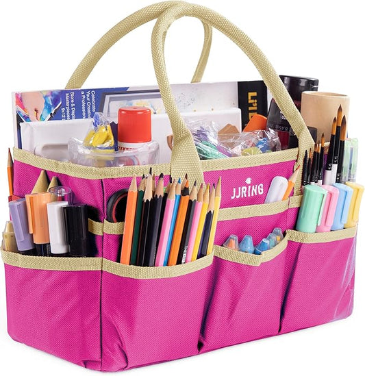 JJRING Craft and Art Tote - 600D Rose Red Nylon Fabric Art Sewing Organizer Bag with Pockets - for Craft, Scrapbooking, Medical, and Office Supplies Storage