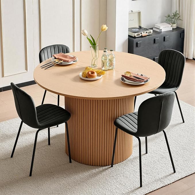 5 Piece Round Dining Table Set for 4, Mid Century Modern Wooden Kitchen Table and Chairs, Space-Saving Small Dinette Set (47 Inch Oak Table+4 Black Chairs) - Image 3