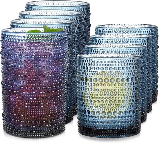 Blue Hobnail Drinking Glasses Set of 8, 15 oz Vintage Highball Glassess & 12 oz Cocktail Glasses, Drinkware Kitchen Glasses for Cocktail, Iced Coffee, Beer, Ice Tea, Wine, Whiskey, Water by JPPSUJJ
