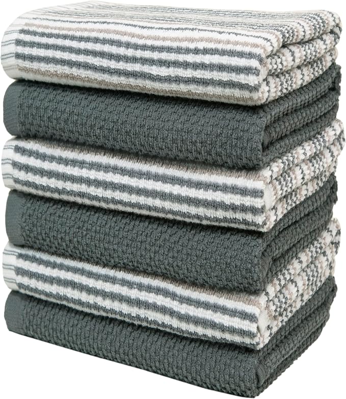 Bumble Kitchen Towels 6 Pack 100% Cotton 16"x26" - Grey Wide Stripe | 430 GSM Soft Kitchen Hand Towels with Hanging Loop, Highly Absorbent & Durable for Washing and Drying Dishes - Image 4